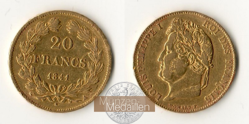 Frankreich Feingewicht: 5,81g Gold 20 Francs 1841 sehr schön