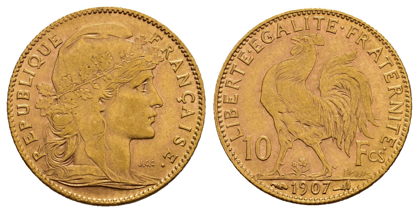 PEUS V 9759 Frankreich 2,9 g Feingold. Marianne 10 Francs GOLD 1907 Sehr schön +