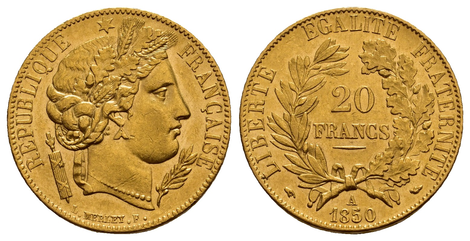 PEUS V 9760 Frankreich 5,81 g Feingold. Zweite Republik (1848 - 1852) 20 Francs GOLD 1850 A Sehr schön / Vorzüglich