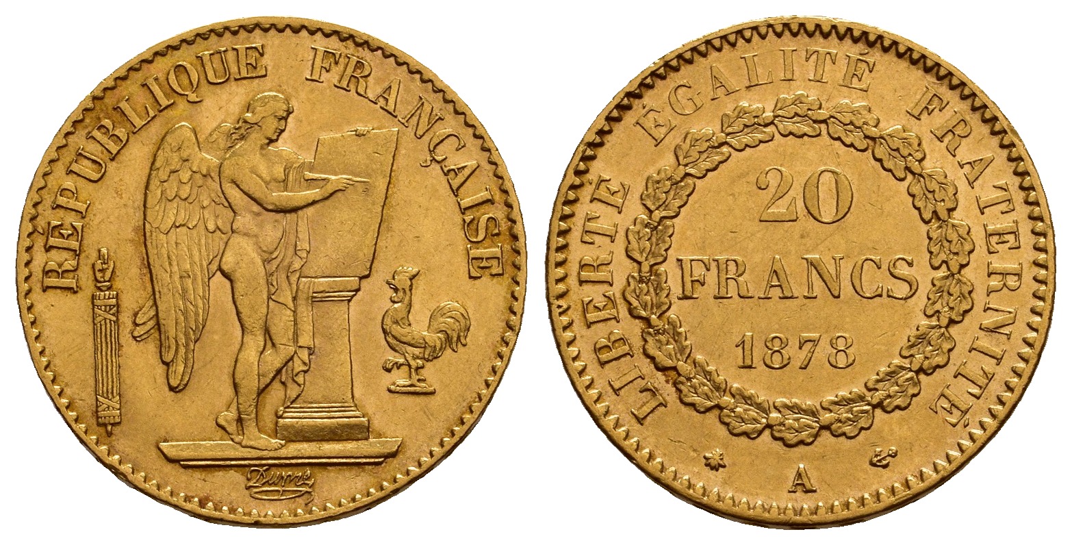 PEUS V 9761 Frankreich 5,81 g Feingold 20 Francs GOLD 1878 A Kl. Kratzer, fast Vorzüglich