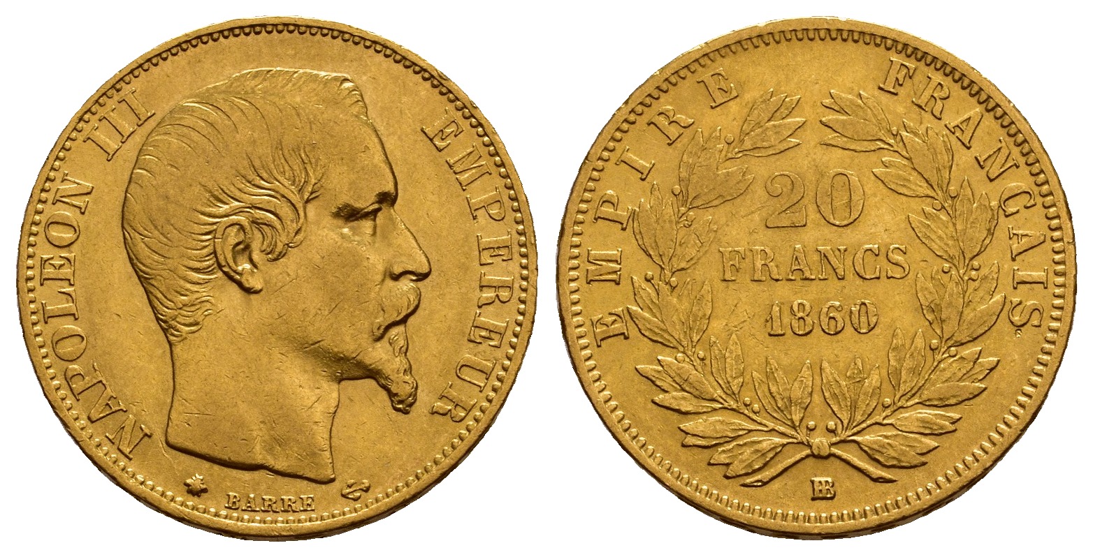 PEUS V 9764 Frankreich 5,81 g Feingold. Napoleon III. (1852-1870) 20 Francs GOLD 1860 BB Sehr schön