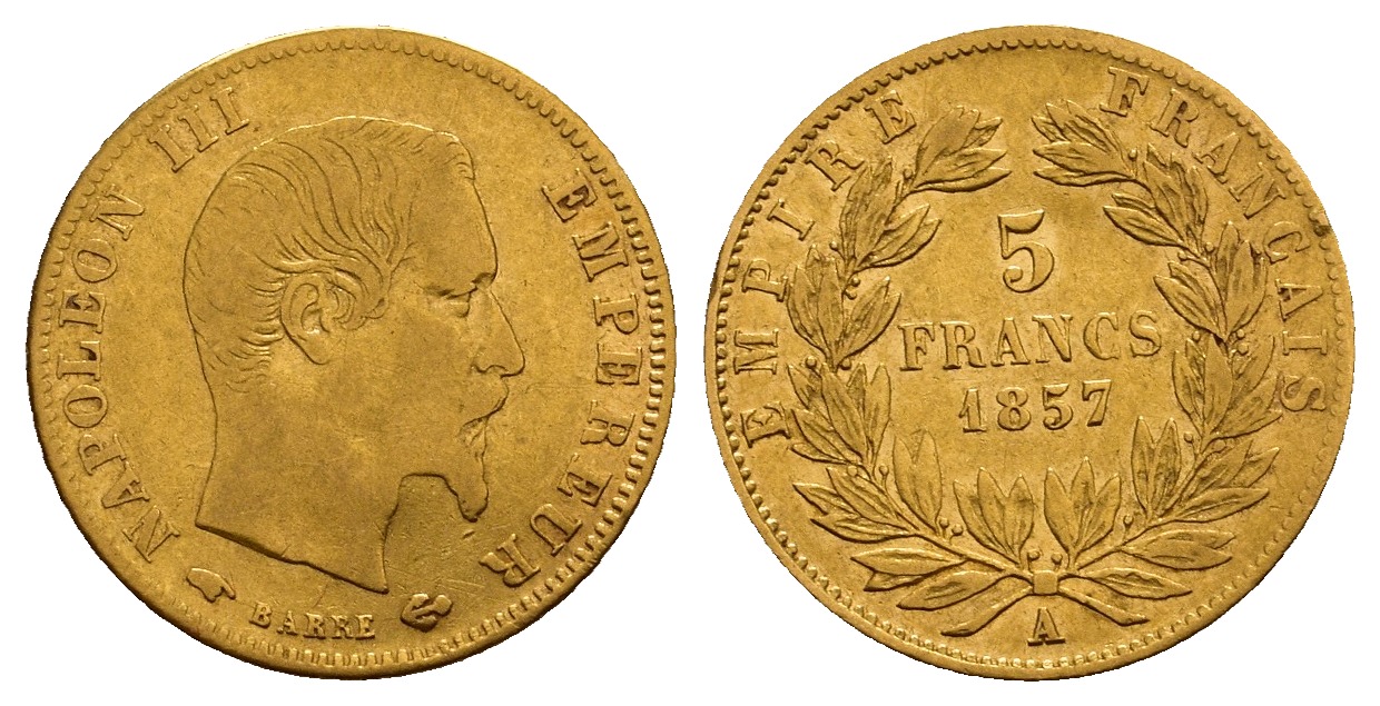 PEUS V 9765 Frankreich 1,45 g Feingold. Napoleon III. 5 Francs GOLD 1857 A Leicht gewellt, Sehr schön