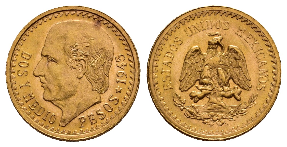 PEUS V 9766 Mexiko 1,88 g Feingold. Miguel Hidalgo y Costilla 2 1/2 Pesos GOLD 1945 Fast Stempelglanz