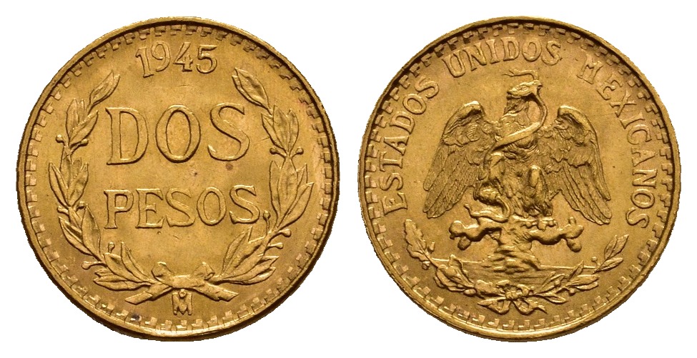 PEUS V 9767 Mexiko 1,5 g Feingold 2 Pesos GOLD 1945 M Fast Stempelglanz