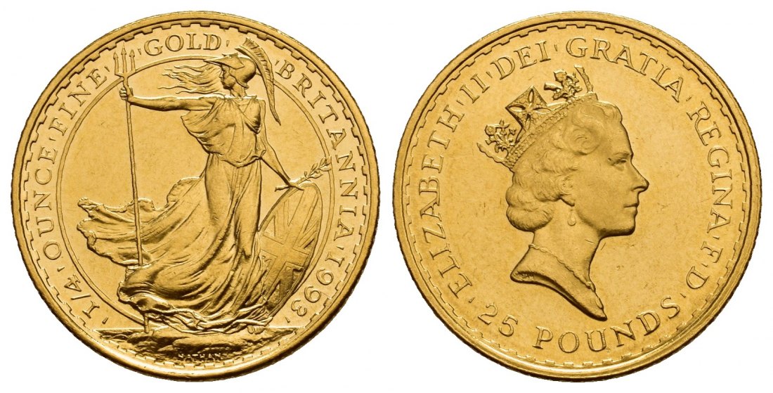 PEUS V 9772 Grossbritannien 7,78 g Feingold. Britannia 25 Pounds GOLD 1/4 Unze 1993 Sehr schön +