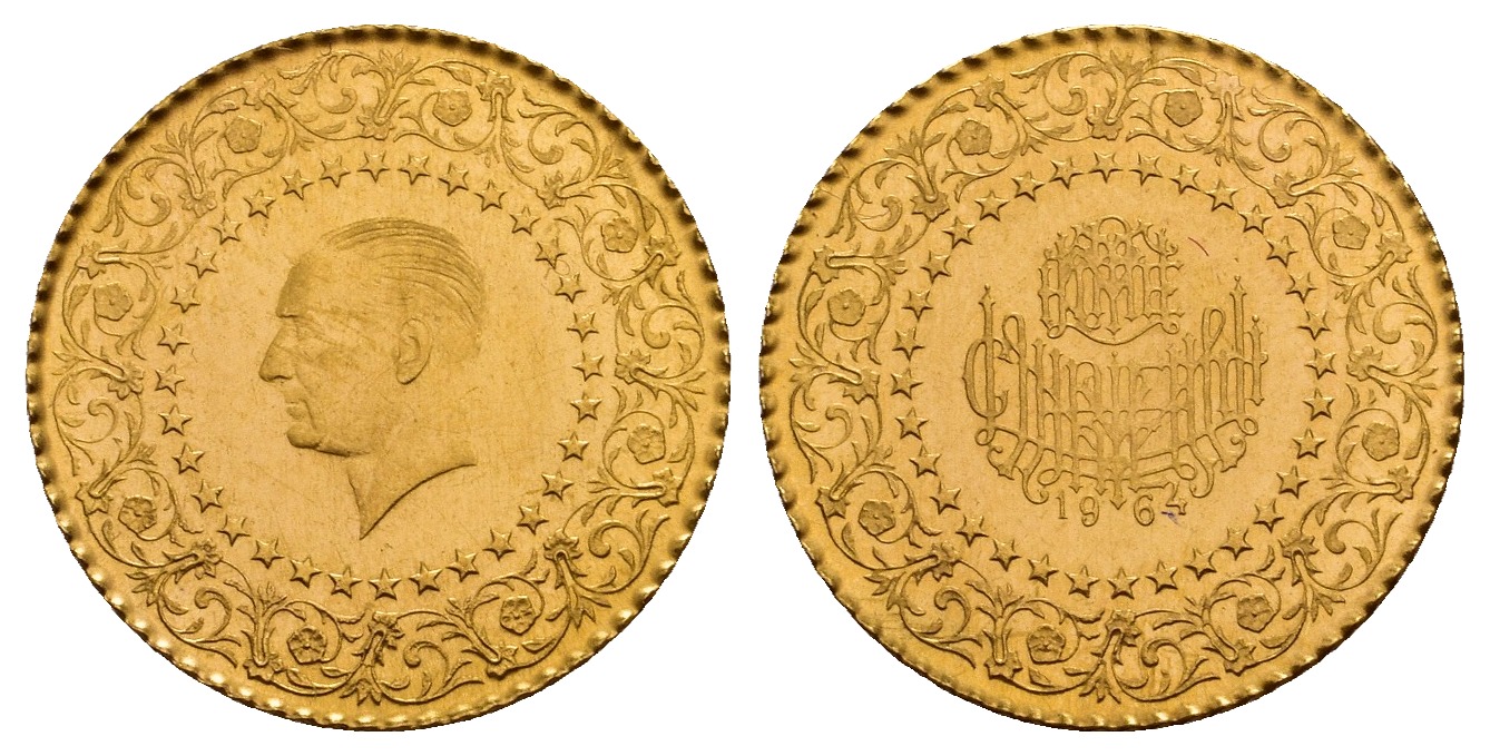 PEUS V 9775 Türkei 1,61 g Feingold. Luxusprägung. Kemal Atatürk 25 Piaster GOLD 1964 Stempelglanz