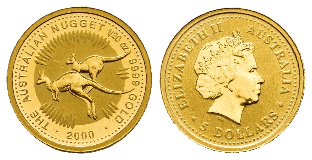 PEUS V 9778 Australien 3,11 g Feingold. Zwei hüpfende Kängurus 5 Dollars GOLD 1/20 Unze 2000 Almost Uncirculated