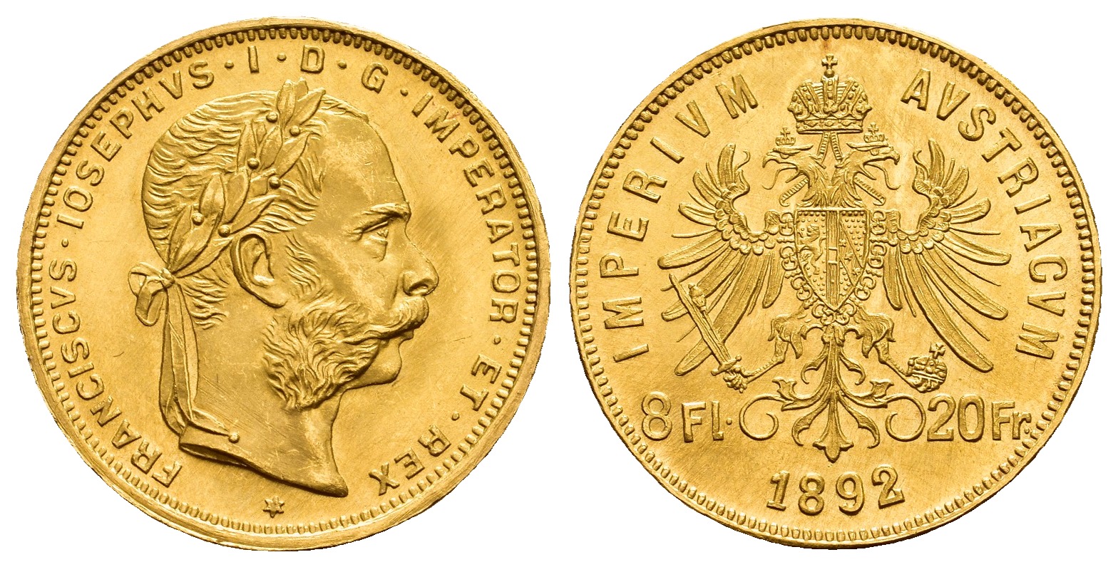 PEUS V 9780 Österreich 5,81 g Feingold. Franz Joseph I. (1848 - 1916) 8 Gulden (NP) GOLD 1892 Fast Stempelglanz