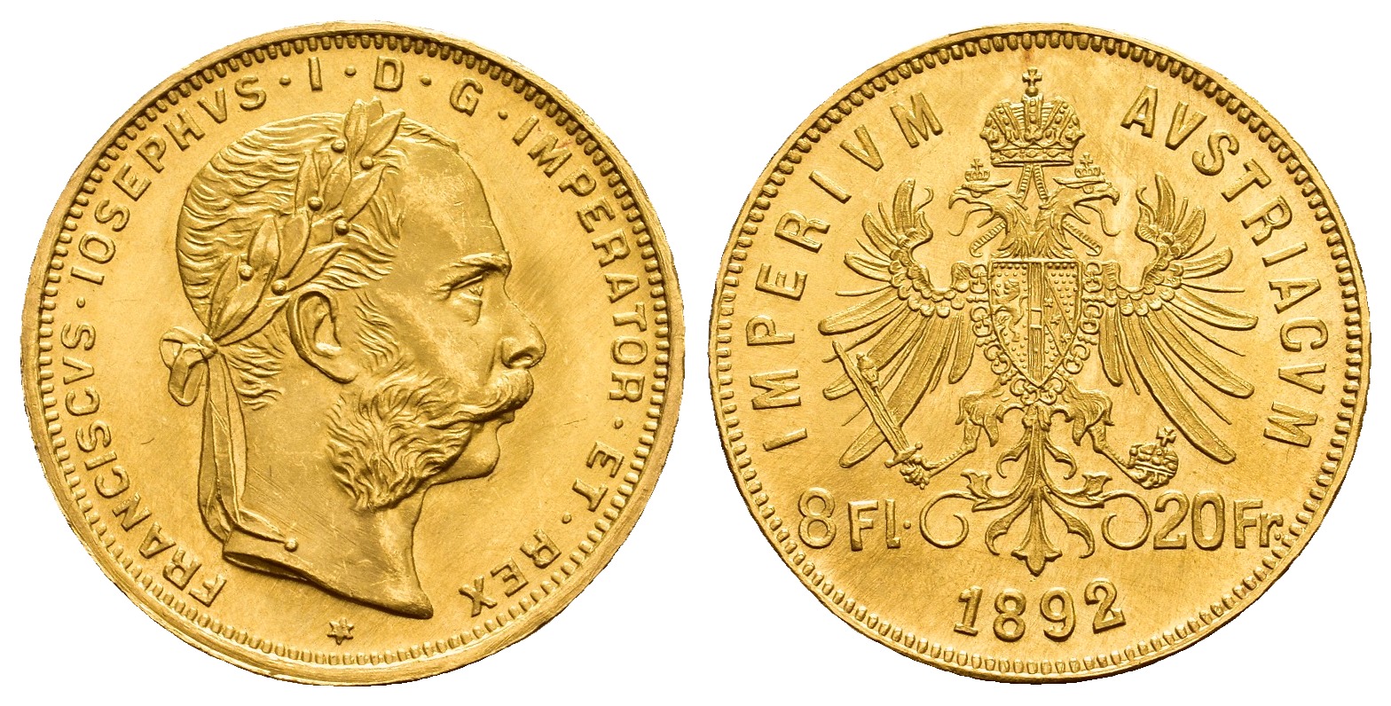 PEUS V 9780 Österreich 5,81 g Feingold. Franz Joseph I. (1848 - 1916) 8 Gulden (NP) GOLD 1892 Fast Stempelglanz