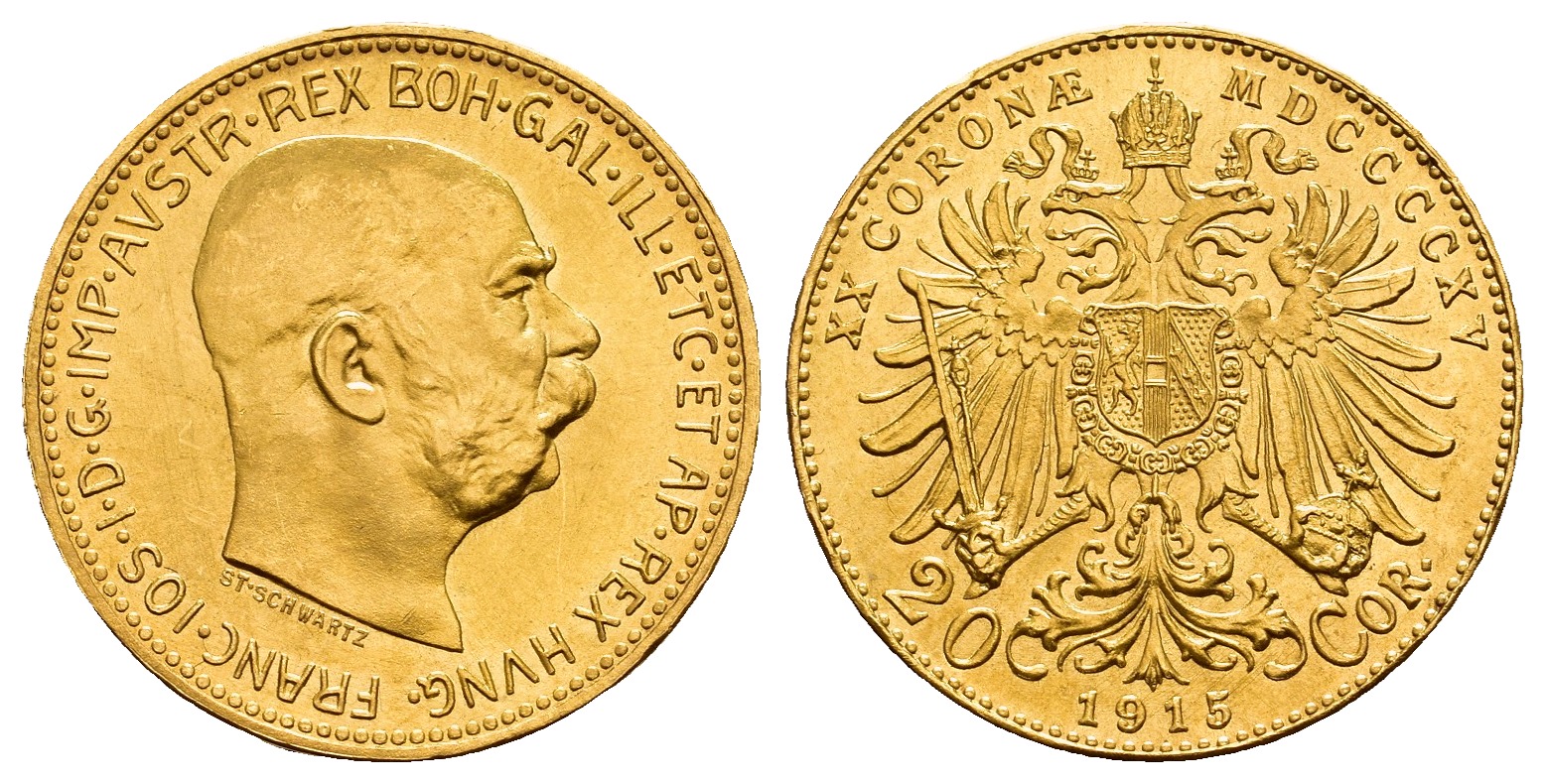 PEUS V 9781 Österreich 6,1 g Feingold. Franz Joseph I. (1848 - 1916) 20 Kronen (off.NP) GOLD 1915 Stempelglanz