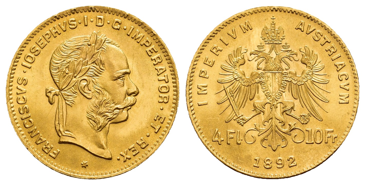 PEUS V 9787 Österreich 2,9 g Feingold. Franz Joseph I. (1848 - 1916) 4 Gulden (NP) GOLD 1892 Stempelglanz
