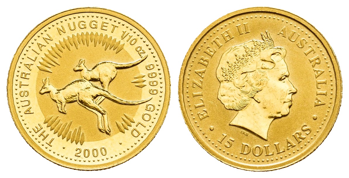 PEUS V 9795 Australien 3,11 g Feingold. Zwei hüpfende Kängurus 15 Dollars GOLD 1/10 Unze 2000 Uncirculated