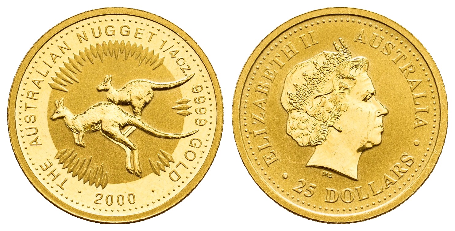 PEUS V 9796 Australien 7,78 g Feingold. Zwei hüpfende Kängurus 25 Dollars GOLD 1/4 Unze 2000 Uncirculated
