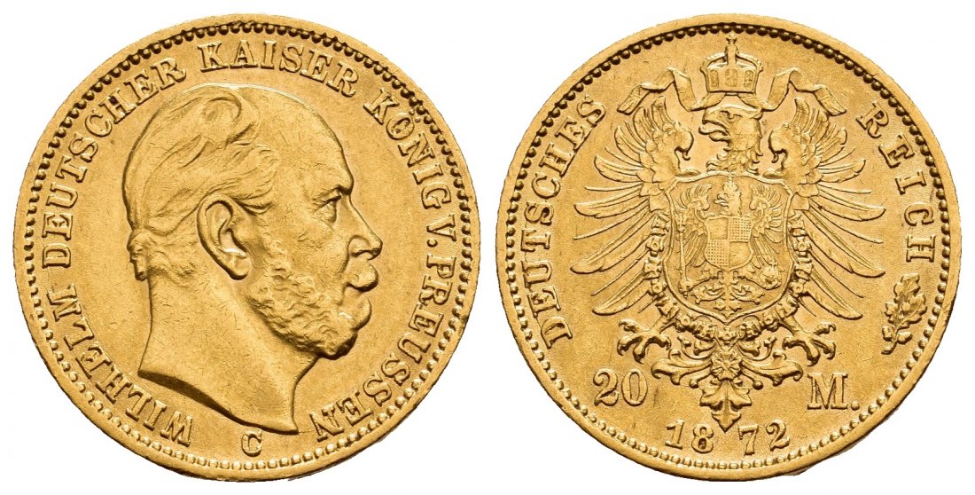 PEUS V 9799 Kaiserreich - Preußen 7,16 g Feingold. Wilhelm I. (1861 - 1888) 20 Mark GOLD 1872 C Frankfurt Sehr schön +
