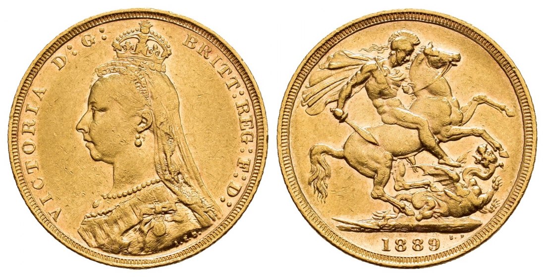 PEUS V 9804 Großbritannien / Australien 7,32 g Feingold. Jubiläumsbüste mit Witwenschleier Sovereign GOLD 1889 M Melbourne Sehr schön +