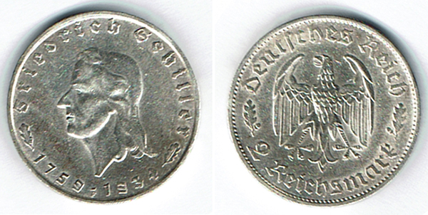  SZAIVERT DEUTSCHLAND DRITTES REICH 2 MARK 1934 SCHILLER   