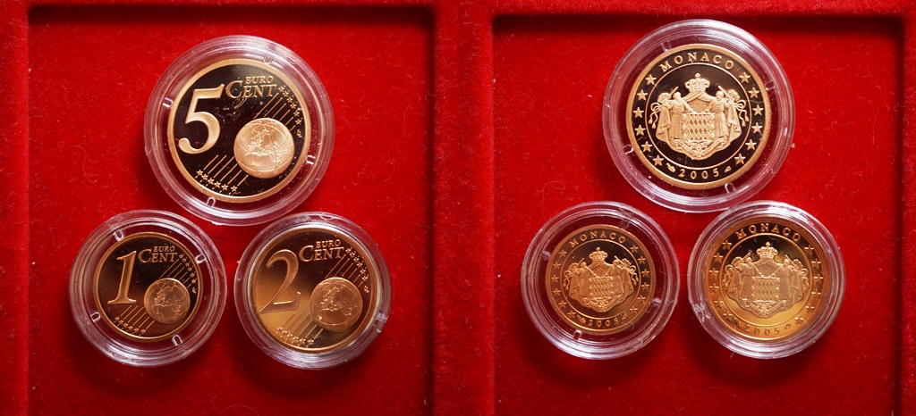  Euro, Monaco 1,2,5 Cent 2005 Polierte Platte   
