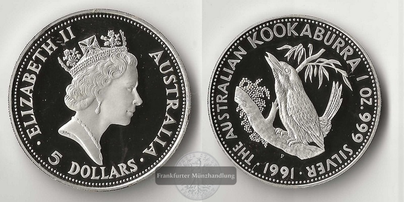  Australien,  1 Dollar 1991 Kookaburra  FM-Frankfurt   Feinsilber: 31,1g   