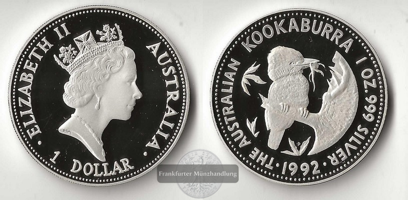  Australien,  1 Dollar 1992 Kookaburra  FM-Frankfurt   Feinsilber: 31,1g   
