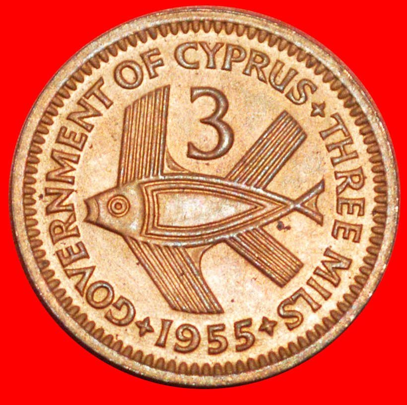 * FISH: CYPRUS ★ 3 MILS 1955 ★ CONDITION OF RED COPPER UNC MINT LUSTRE! LOW START ★ NO RESERVE!