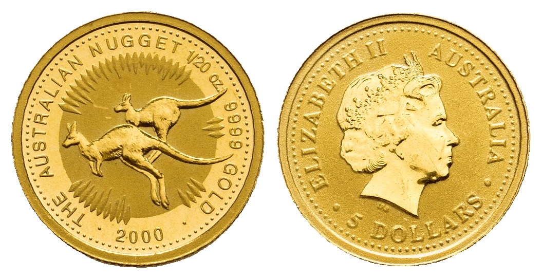 PEUS 9778 Australien 1,56 g Feingold. Zwei hüpfende Kängurus 5 Dollars GOLD 1/20 Unze 2000 Almost Uncirculated