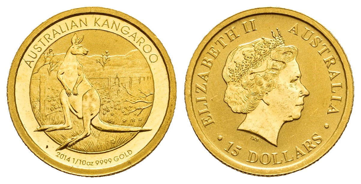 PEUS 9816 Australien 3,11 g Feingold. Känguru vor Weidezaun 15 Dollars GOLD 1/10 Unze 2014P Impaired Proof / Vorzüglich + aus PP