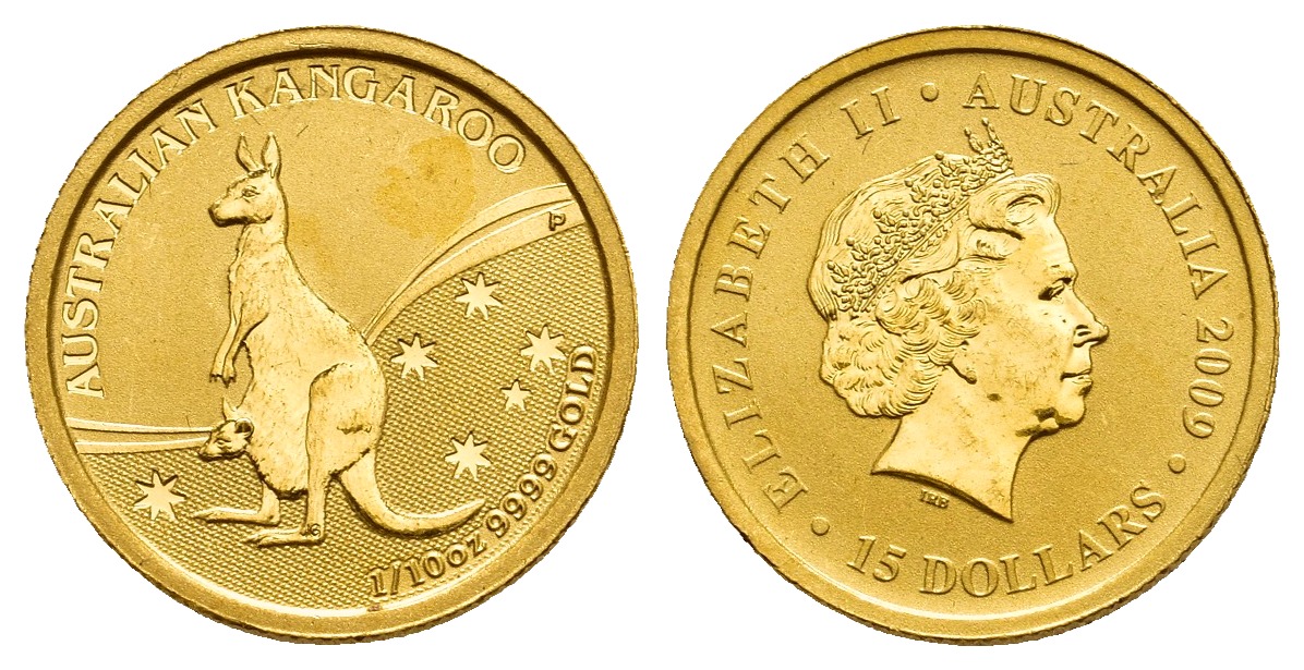 PEUS 9820 Australien 3,11 g Feingold. Känguru v. Sternendesign 15 Dollars GOLD 1/10 Unze 2009P Almost Uncirculated