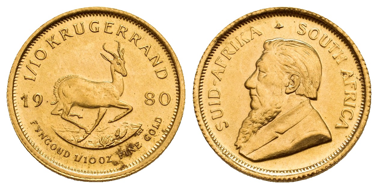 PEUS 9823 Süd-Afrika 3,11 g Feingold 1/10 Krügerrand GOLD 1/10 Unze 1980 Fast Stempelglanz