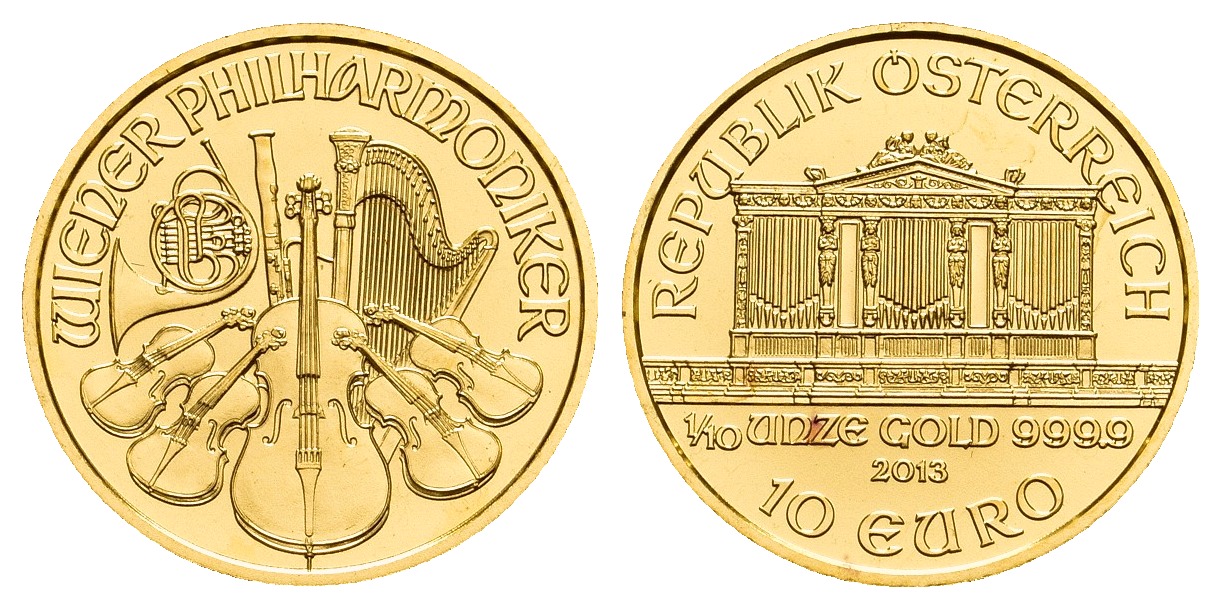 PEUS 9825 Österreich 3,11 g Feingold. Philharmoniker 10 Euro GOLD 1/10 Unze 2013 Stempelglanz