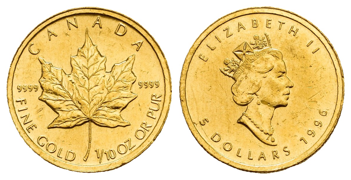 PEUS 9826 Kanada 3,11 g Feingold. Maple Leaf 5 Dollars GOLD 1/10 Unze 1996 Leicht gewellt, Almost Uncirculated