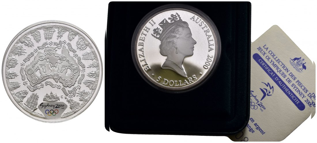 PEUS 9835 Australien 31,6 g Feinsilber. Olympiade Sydney - Entdeckung incl. Etui, Zertifikat + Verpackung 5 Dollars SILBER 2000 Proof (Kapsel)