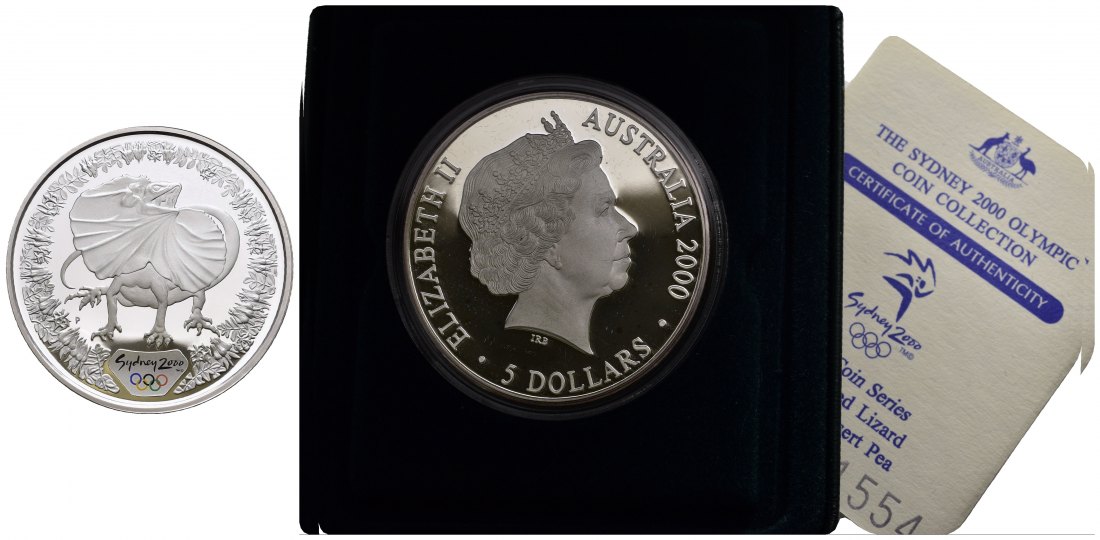 PEUS 9836 Australien 31,6 g Feinsilber. Olympiade Sydney - Kragenechse incl. Etui, Zertifikat + Verpackung 5 Dollars SILBER 2000 Proof (Kapsel)