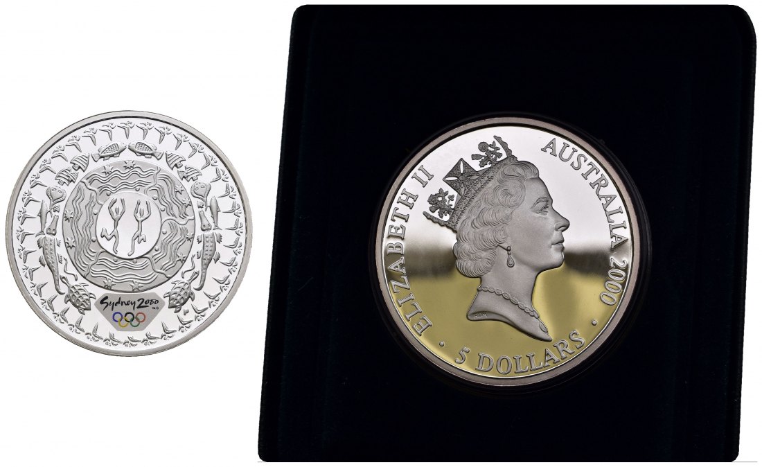 PEUS 9838 Australien 31,6 g Feinsilber. Olympiade Sydney - Festival of the Dreaming incl. Etui + Verpackung 5 Dollars SILBER 2000 Proof (Kapsel)