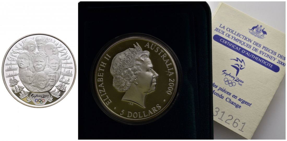 PEUS 9837 Australien 31,6 g Feinsilber. Olympiade Sydney - Einwanderer incl. Etui, Zertifikat + Verpackung 5 Dollars SILBER 2000 Proof (Kapsel)