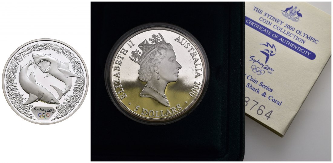 PEUS 9839 Australien 31,6 g Feinsilber. Olympiade Sydney - Hai incl. Etui, Zertifikat + Verpackung 5 Dollars SILBER 2000 Proof (Kapsel)