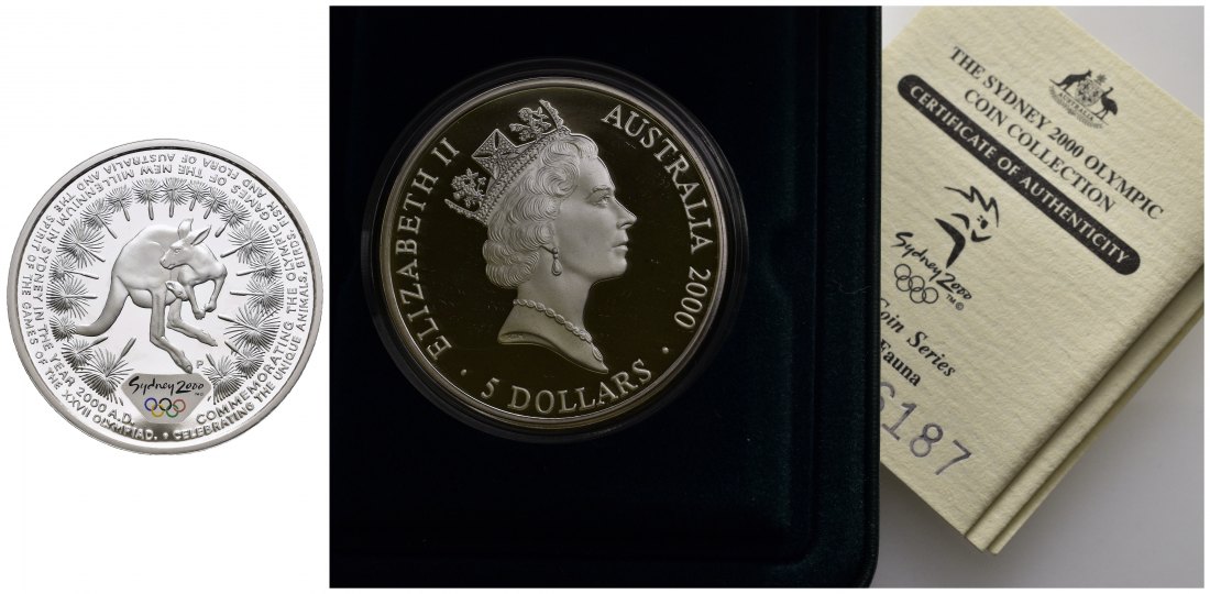 PEUS 9840 Australien 31,6 g Feinsilber. Olympiade Sydney - Känguru incl. Etui, Zertifikat + Verpackung 5 Dollars SILBER 2000 Proof (Kapsel)