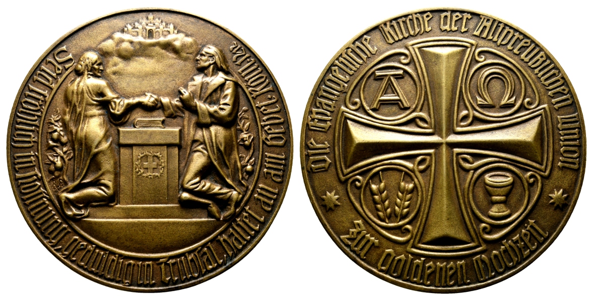  Medaille o.J.; ev. Kirche, goldene Hochzeit; Bronze; 234 g; Ø 97 mm   