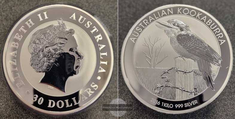  Australien  30 Dollar 2016 Kookaburra  FM-Frankfurt  Feinsilber: 1.000g   