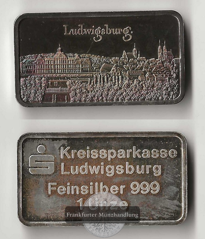  Kreissparkasse,   Silberbarren  1 Unze Ludwigsburg   FM-Frankfurt   Feinsilber: 31,1g   