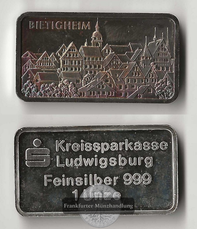  Kreissparkasse,   Silberbarren  1 Unze Bietigheim FM-Frankfurt   Feinsilber: 31,1g   