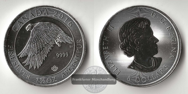  Kanada, 8 Dollar  Gerfalke 2016  FM-Frankfurt  Feingewicht: 46,65g   
