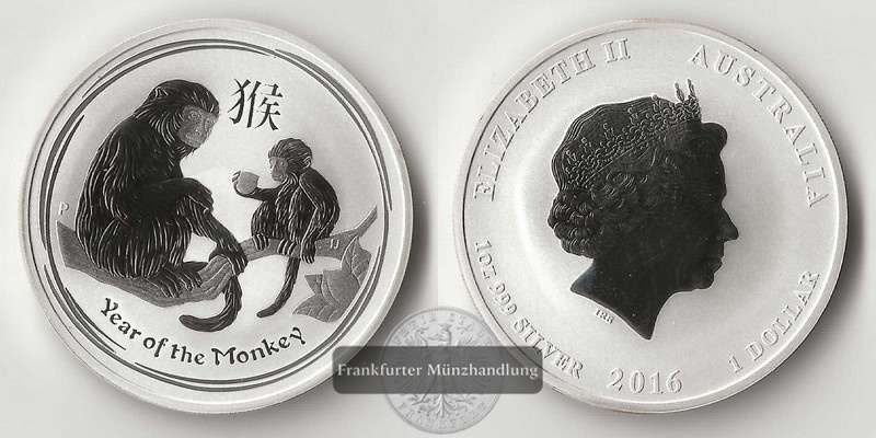  Australien,  1 Dollar  2016 Jahr des Affen FM-Frankfurt  Feingewicht: 31,1g   