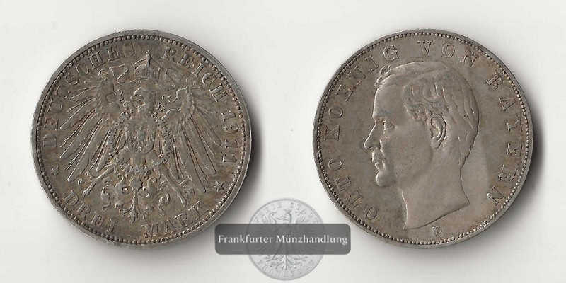  Bayern, Kaiserreich  3 Mark  1911 D  Otto   FM-Frankfurt   Feinsilber: 15g   