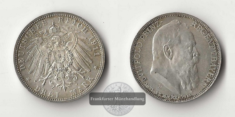  Deutsches Kaiserreich. Bayern, Luitpold (Prinzregent) 3 Mark 1911 D FM-Frankfurt Feinsilber: 15g   