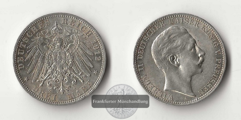  Deutsches Kaiserreich. Preussen, Wilhelm II. 3 Mark 1912 A  FM-Frankfurt   Feinsilber: 15g   