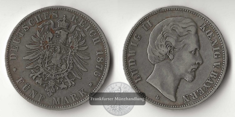  Bayern, Kaiserreich  5 Mark  1876 D  Ludwig II. 1864-1886   FM-Frankfurt Feinsilber: 25g   