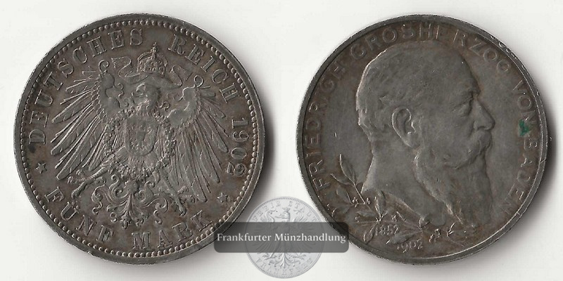  Baden, Kaiserreich  5 Mark  1902 G  Friedrich I. 1856-1907   FM-Frankfurt Feinsilber: 25g   