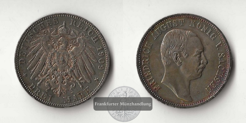  Sachsen, Kaiserreich  3 Mark  1909 E  Friedrich August III.  FM-Frankfurt Feinsilber: 15g   