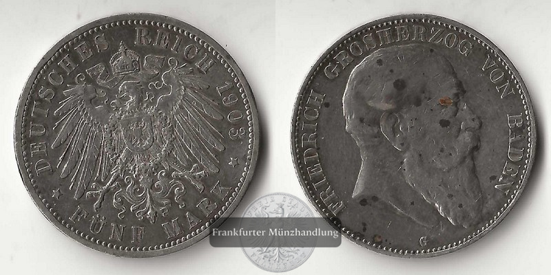  Deutsches Kaiserreich.  Baden, Friedrich I. 5 Mark 1903 G  FM-Frankfurt   Feinsilber: 25g   