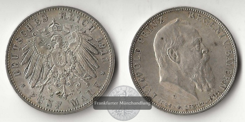 Deutsches Kaiserreich. Bayern, Luitpold, 5 Mark  1911 D FM-Frankfurt Feinsilber: 25g   